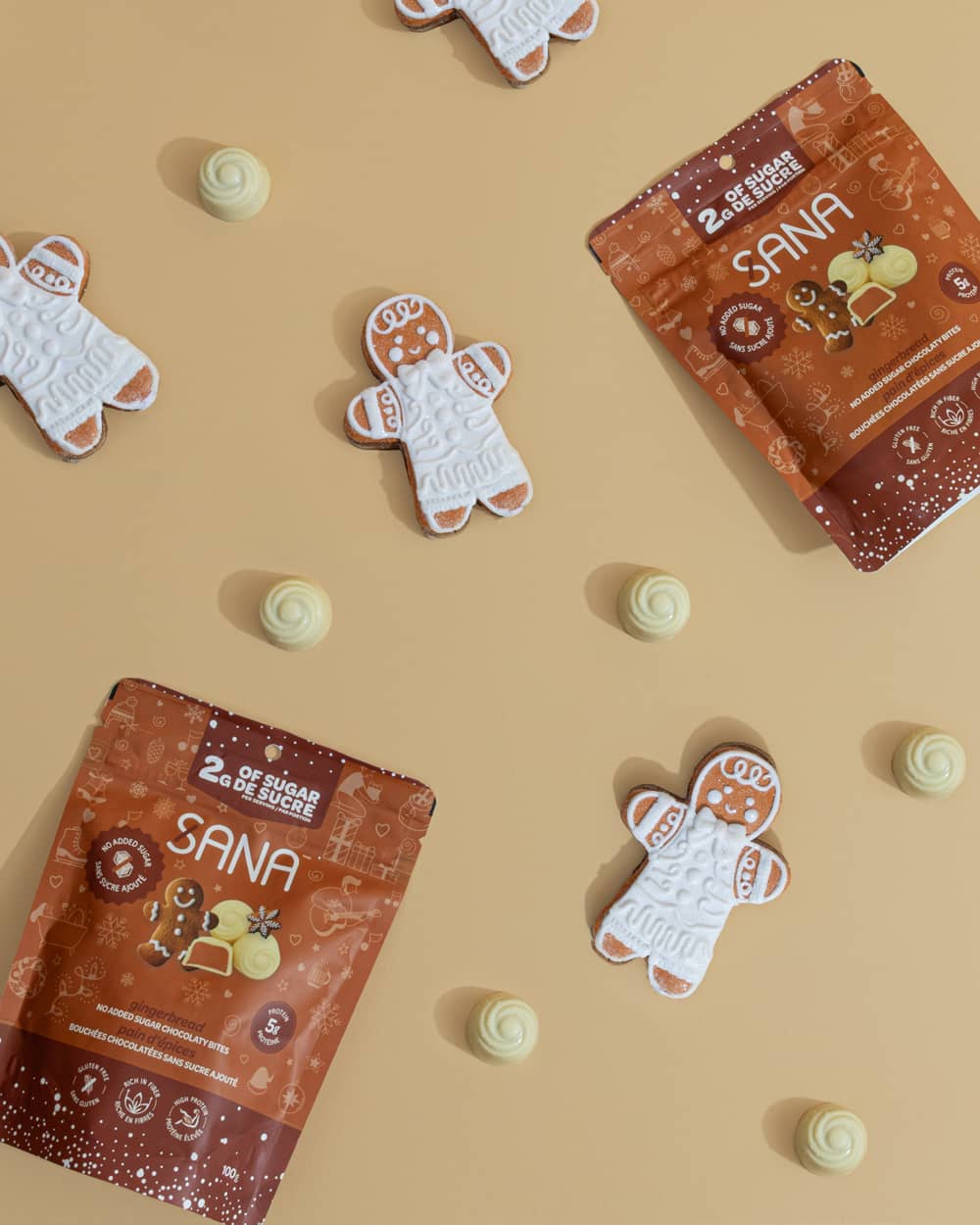 
                  
                    Sana, Bouchées chocolatées blanches Pain d'épices sans sucre ajouté | Lot de 6 paquets de 100 g | Bouchées chocolatées, zéro sucre ajouté ajouté, faibles en glucides, sans gluten, élevées en protéines
                  
                